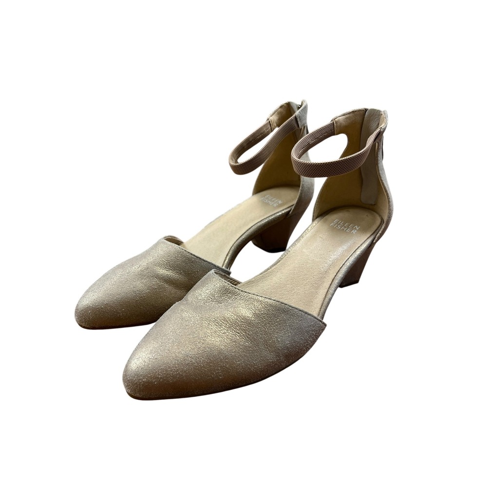 Eileen Fisher Just Suede Pumps Sz 8 Gold Metallic Low Block Kitten Heel Wedding